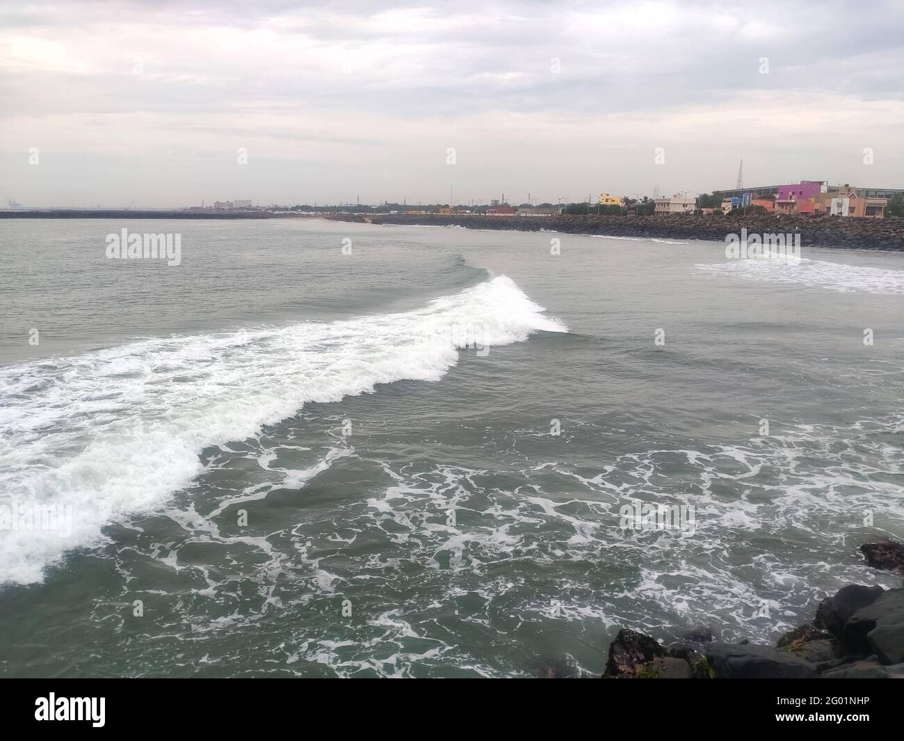 Rock Beach Waves In Chennai. Stock Photo