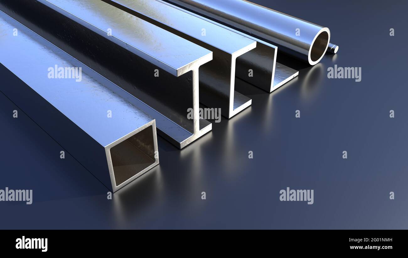 Metal Rendering Material various rolled metal on the floor - concept industrial 3D rendering ...