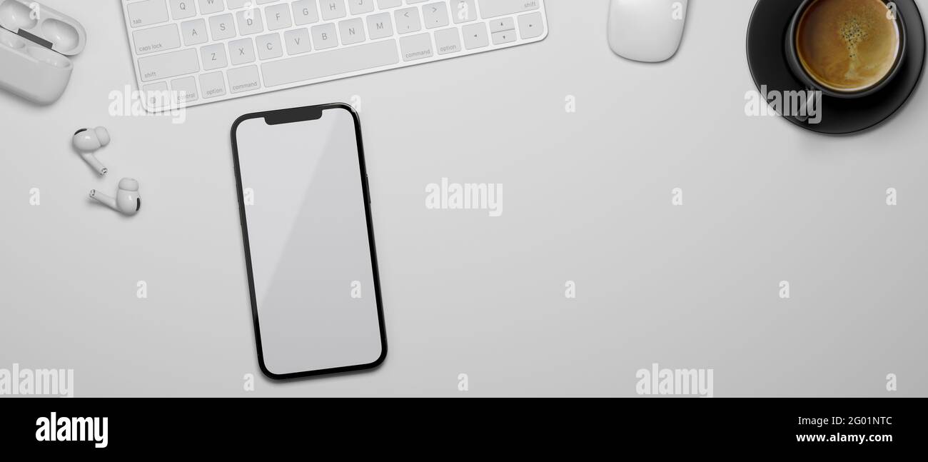 3D rendering, smartphone with mock-up screen on white table with ...