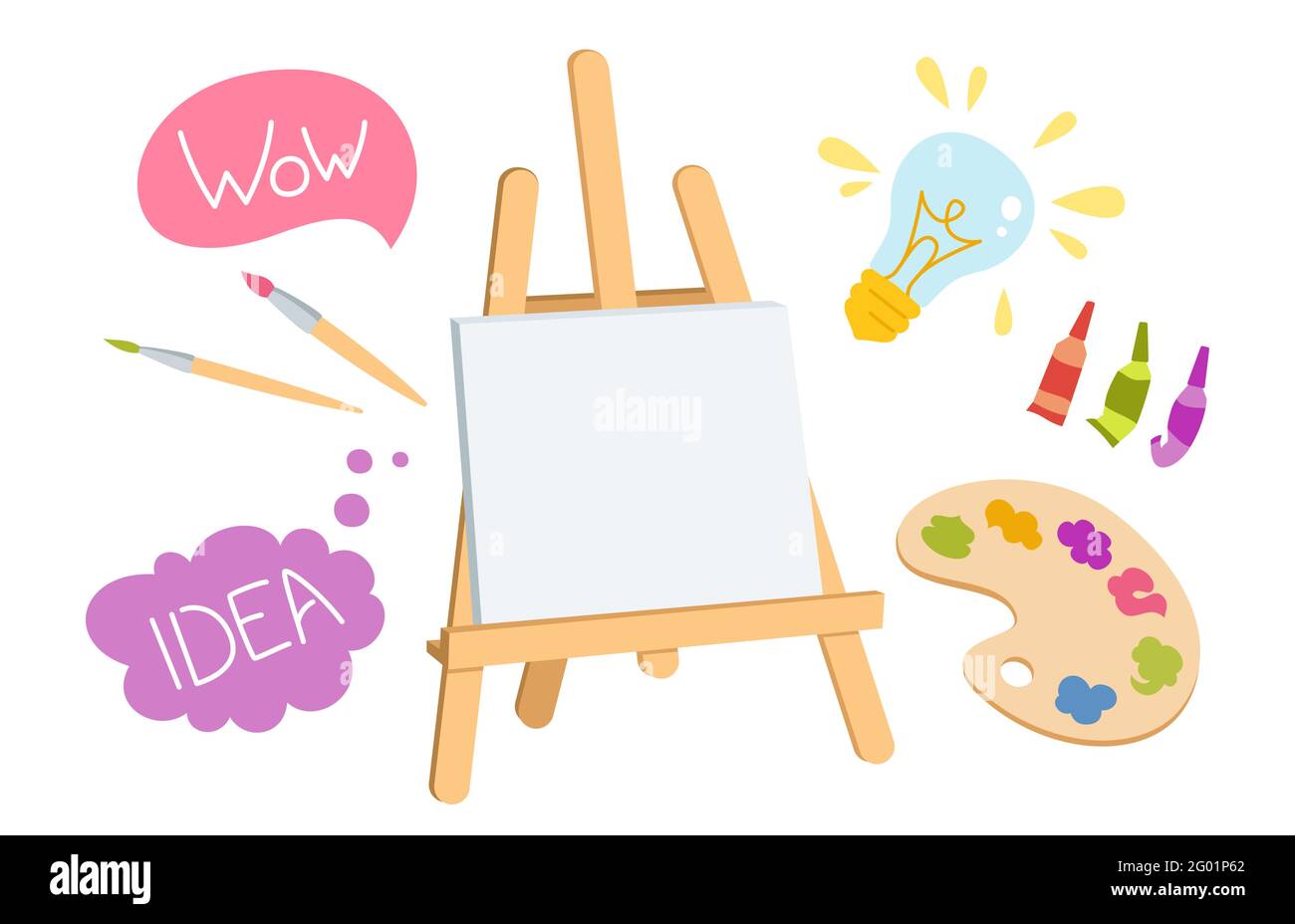 Wooden easel canvas paint palette brush Royalty Free Vector