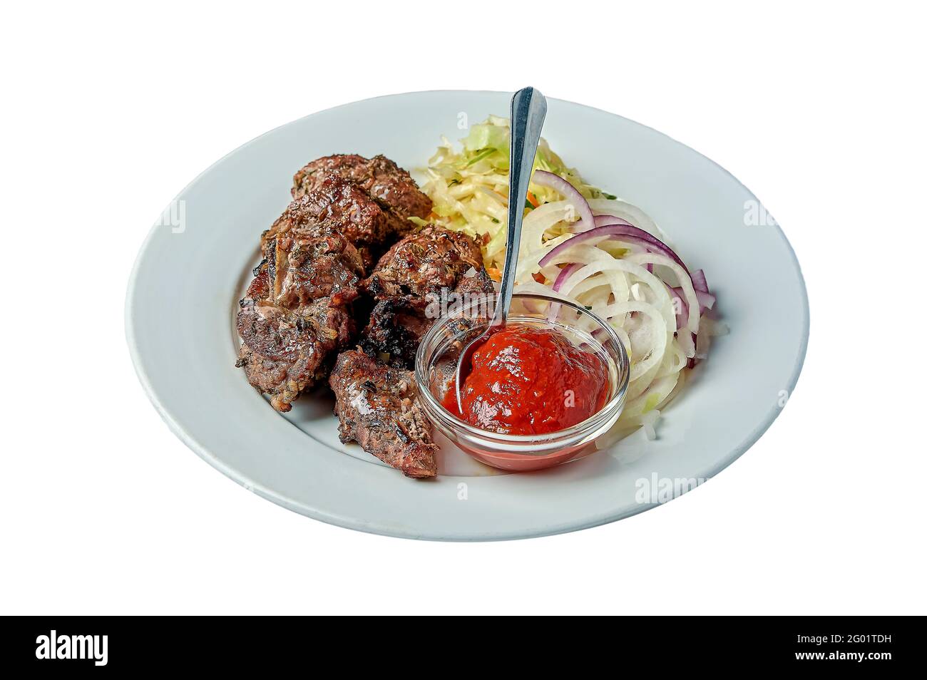 Veal kebab with salad and ketchup on an isolated background Stock Photo Alamy