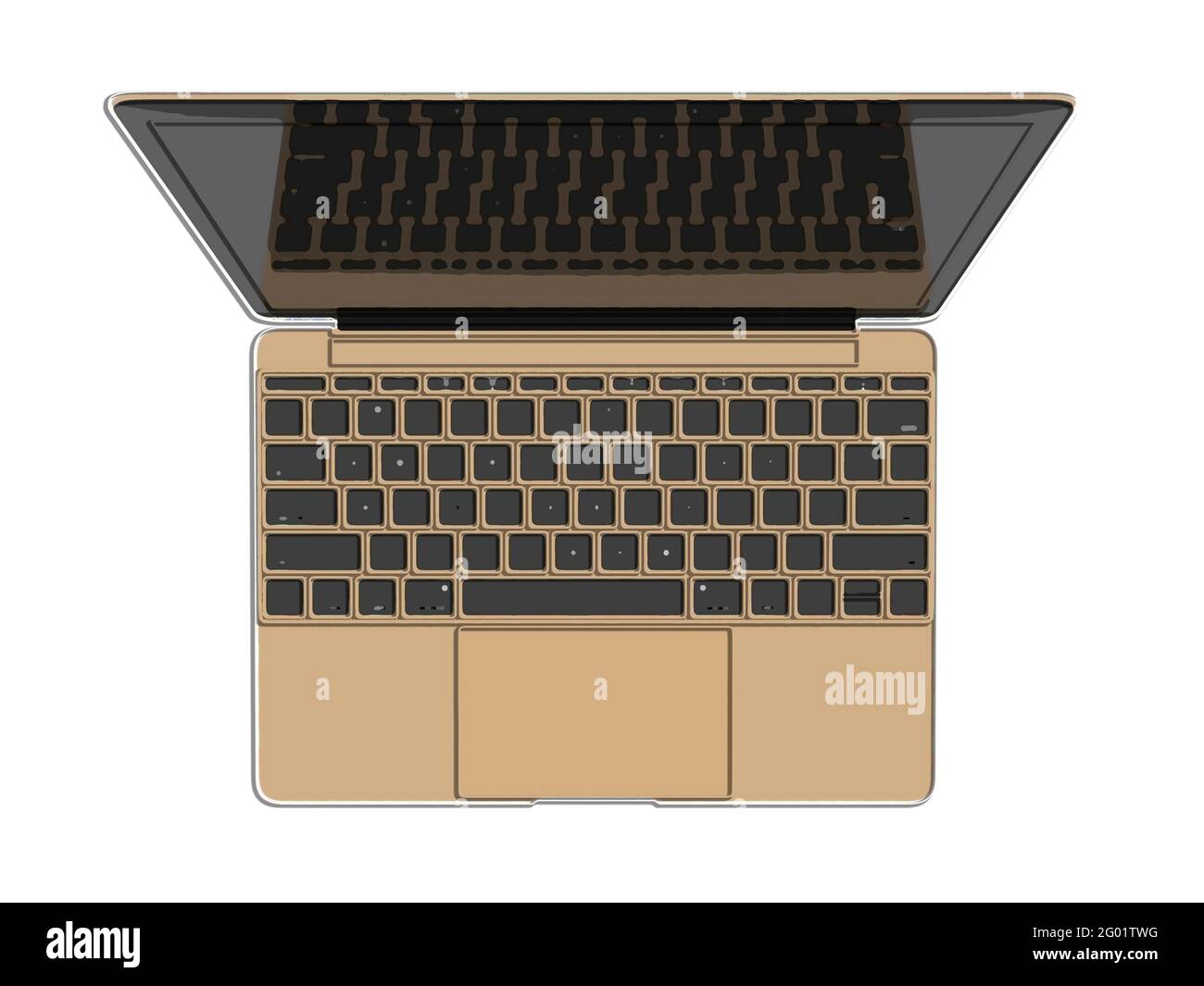 Electronics, metal gold notebook with open lid cover, top view, marker ...