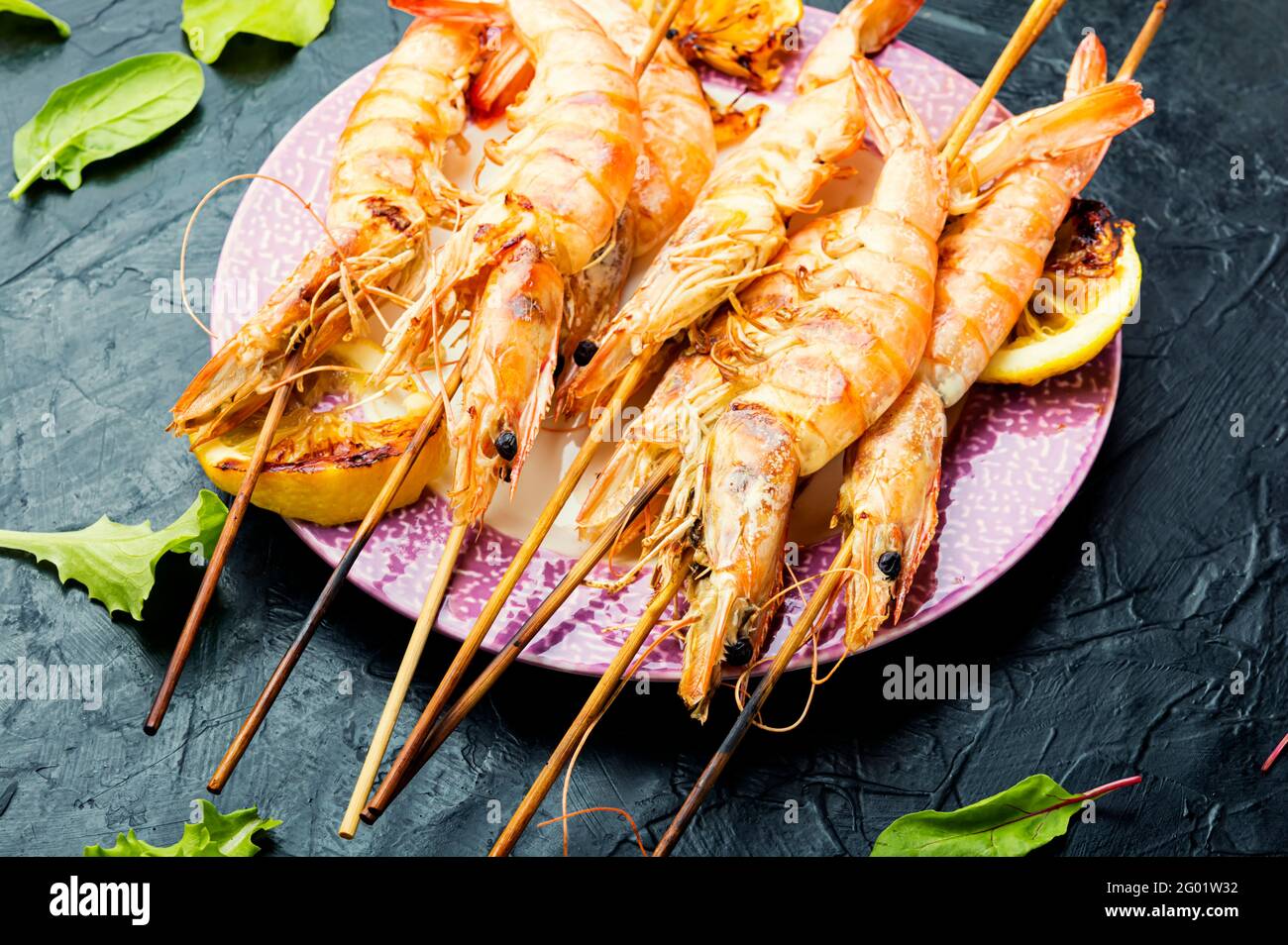 Grilled langoustines,prawn roasted on a skewer Stock Photo