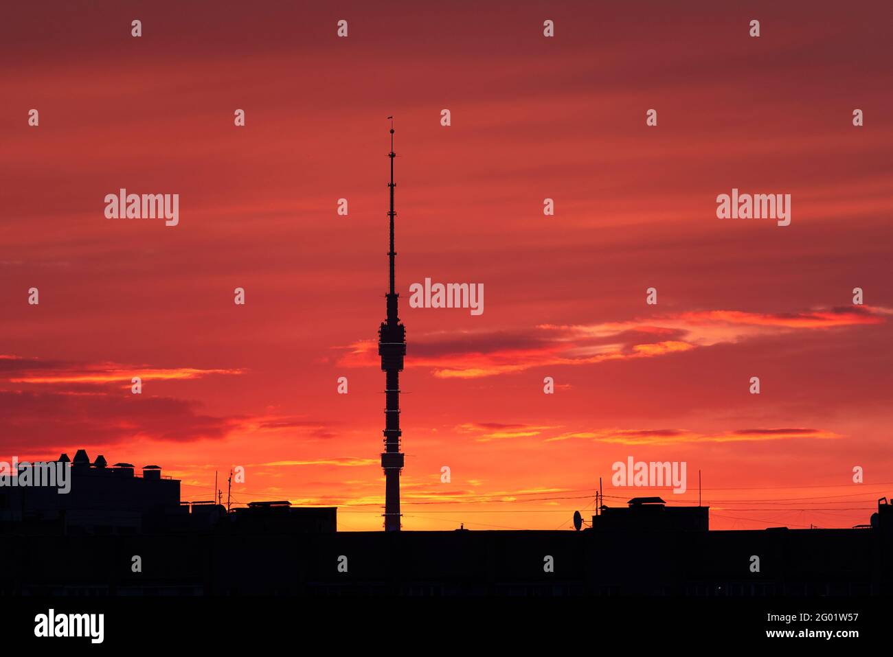 MOSCOW - MAY 30: Ostankinskaya TV tower during spring sunset in Moscow on May 30. 2021 in Russia Stock Photo