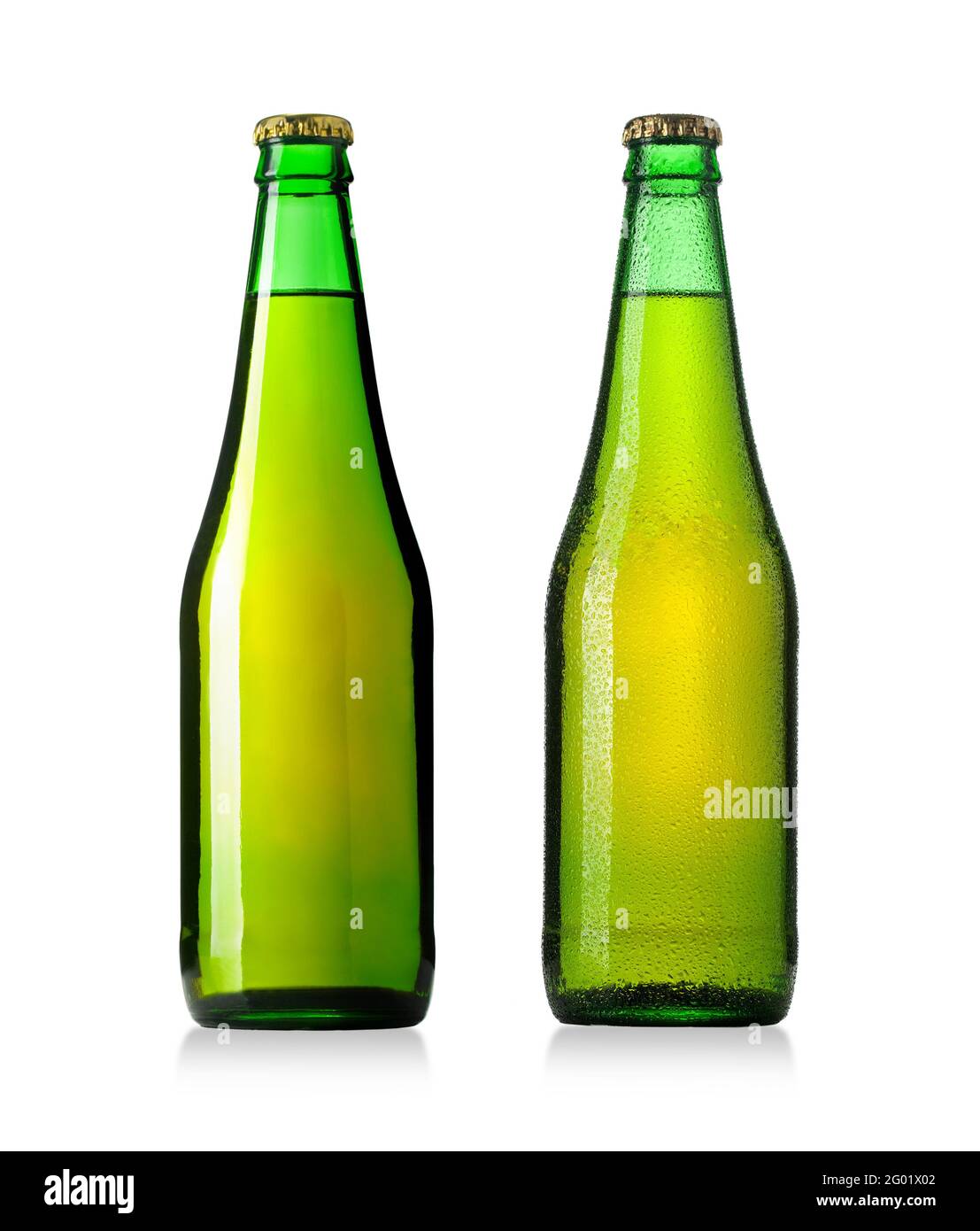 Green bottles of beer isolated on white. With clipping path Stock Photo