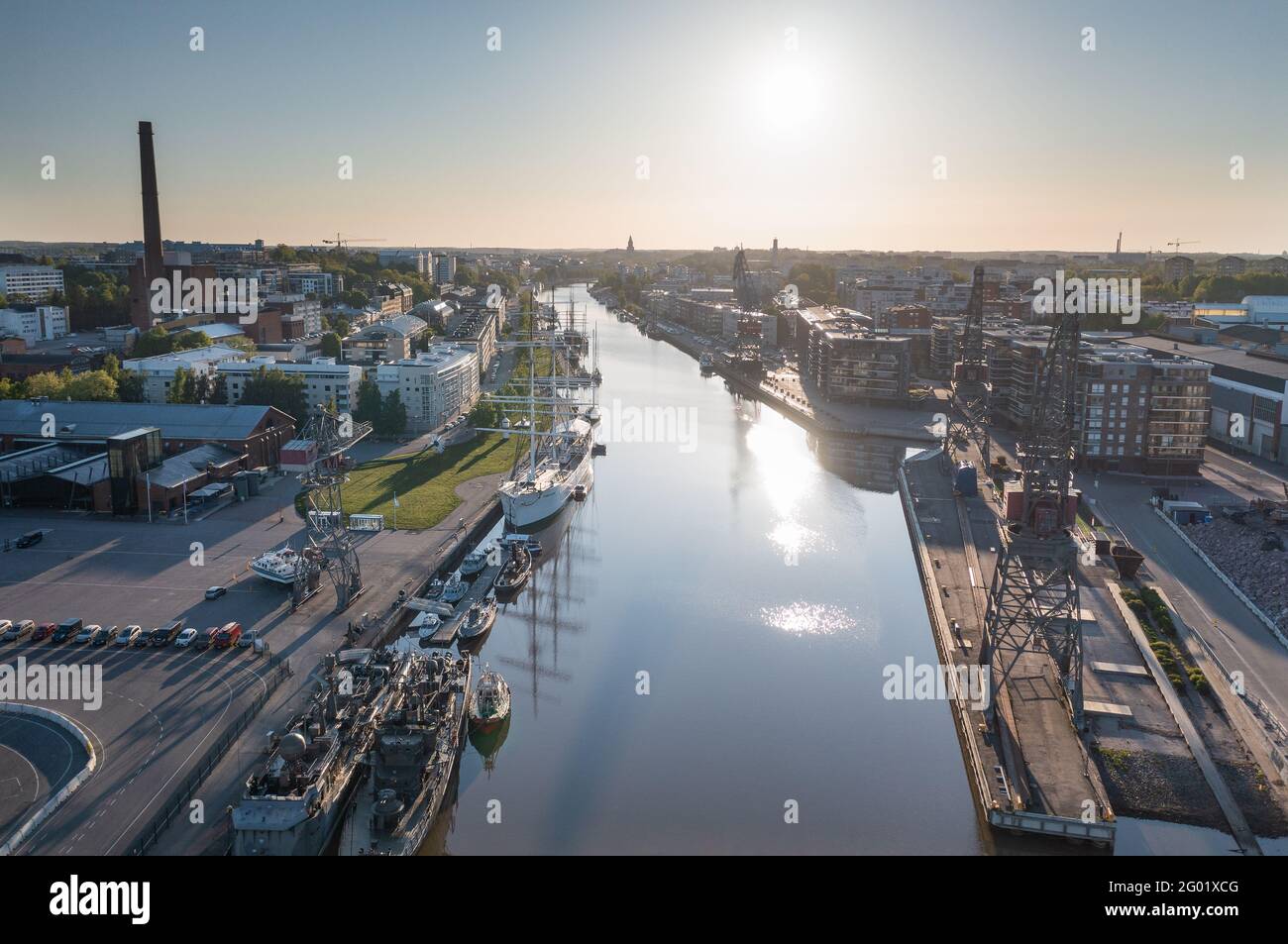 Turku, Finland - 30-05-2021: Aerial view of the city skyline with Swan of Finland in Aurajoki river in summer. Stock Photo
