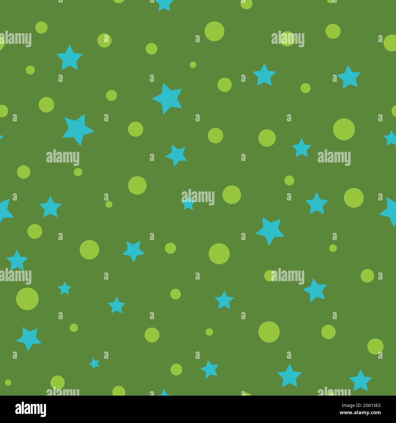 Simple minimalistic seamless pattern with green bubble circles and blue stars.  Stock Vector