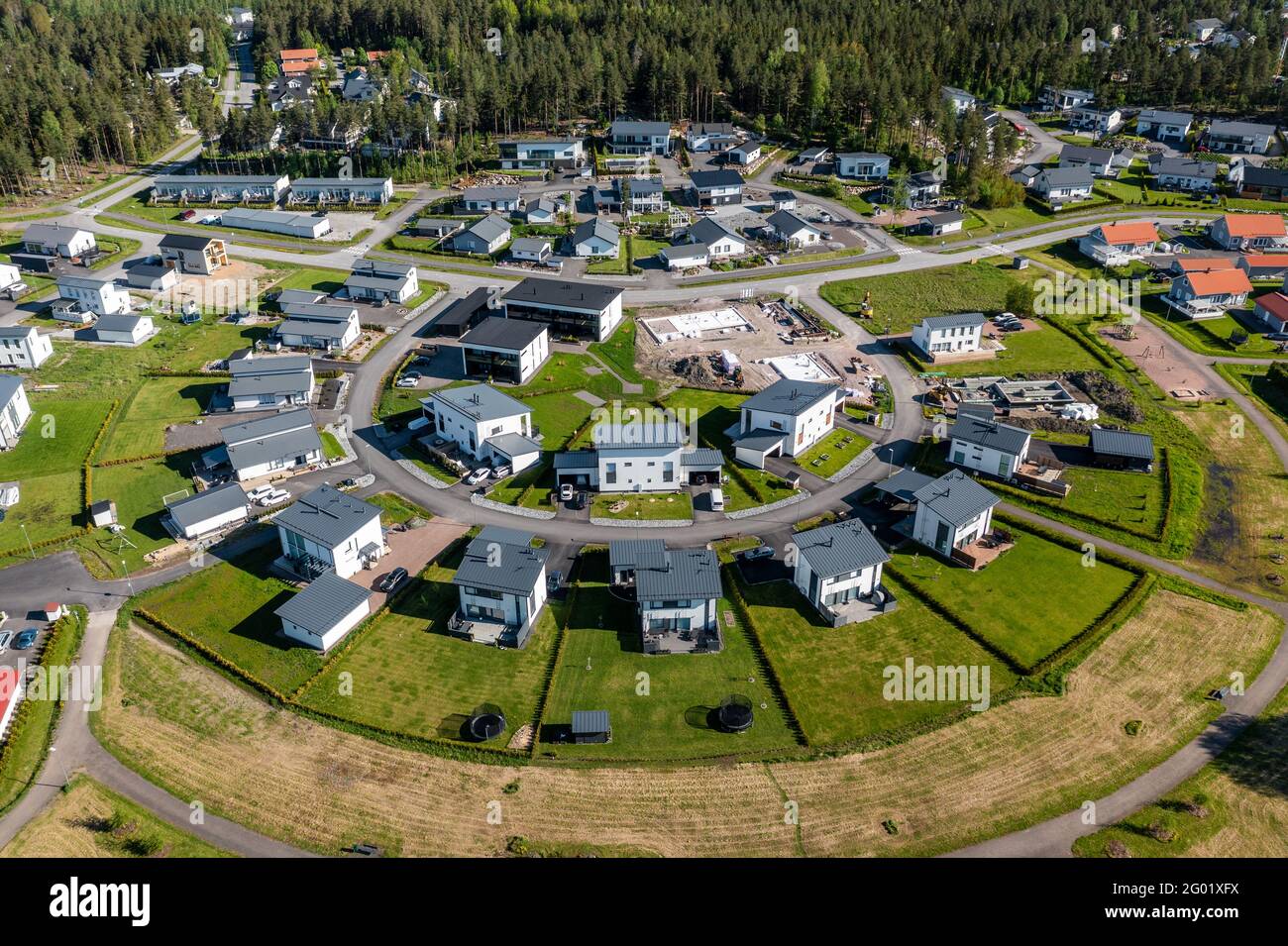 Aerial view of modern nordic family homes. New residential area in Finland. Stock Photo