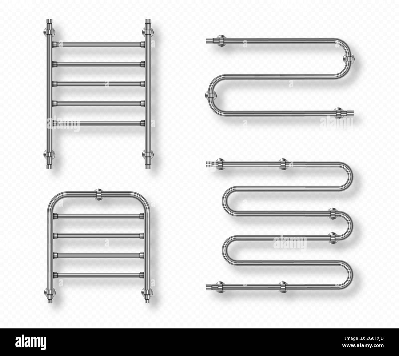 Towel rails for home bathroom and toilet room. Dryer with steel pipes, chrome radiators isolated on transparent background. Vector realistic set of 3d metal towel heaters hanging on wall Stock Vector