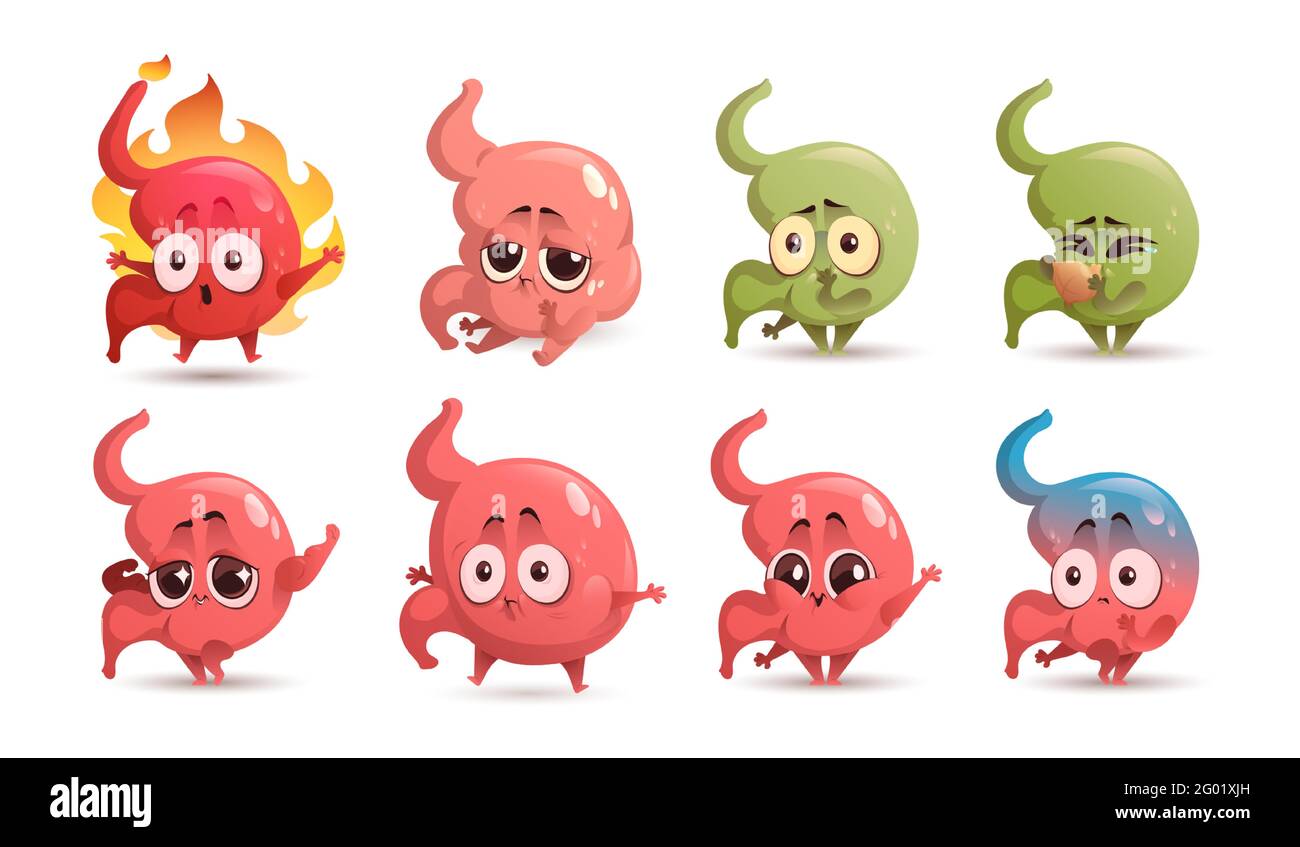 Cartoon stomach character, cute healthy and unhealthy mascot heartburn, stomachache, nausea and vomiting, swollen and happy abdomen organ demonstrate power. Health care and medicine Vector icons set Stock Vector