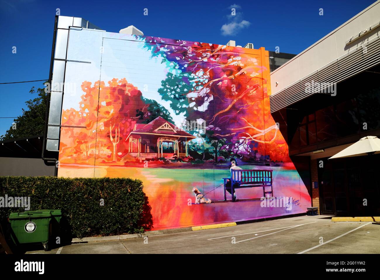 Colorful mural done for the 2021 Brisbane Street Art Festival by The Zookeeper at The Print Bar in Teneriffe Brisbane Australia Stock Photo