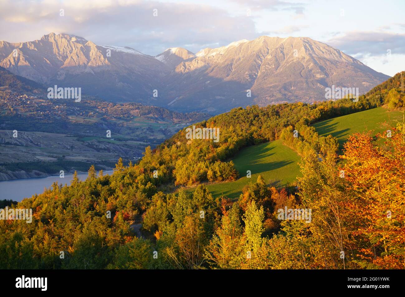 panoramic view of Serre ponçon lake, france on a fall day at dusk Stock Photo