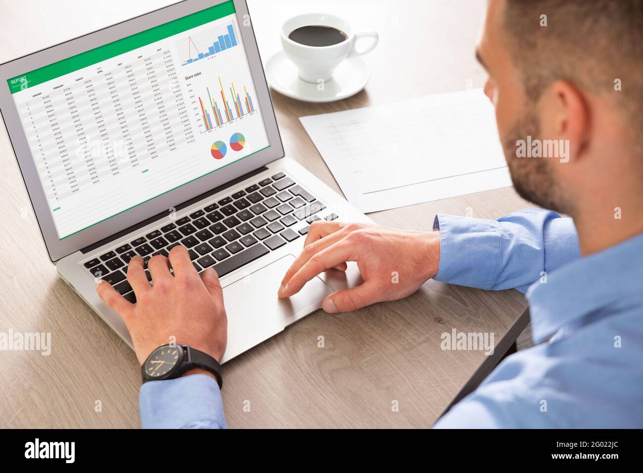 Business analytics applications on laptop. Financial data analysis concept. Business analyst works with data Stock Photo
