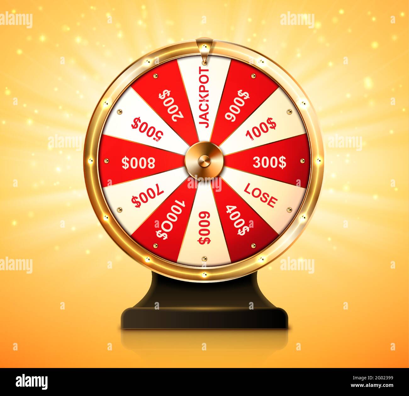 Golden wheel of fortune for lottery game or casino. Chance to win prize in lucky roulette. Vector realistic illustration of gold fortune wheel with money numbers and jackpot on shiny background Stock Vector