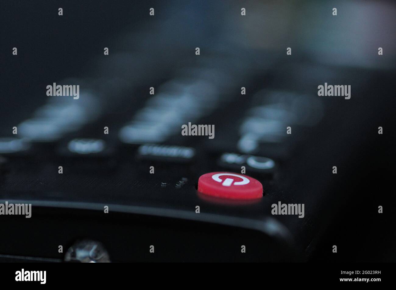 Close up red power button of TV remote control Stock Photo