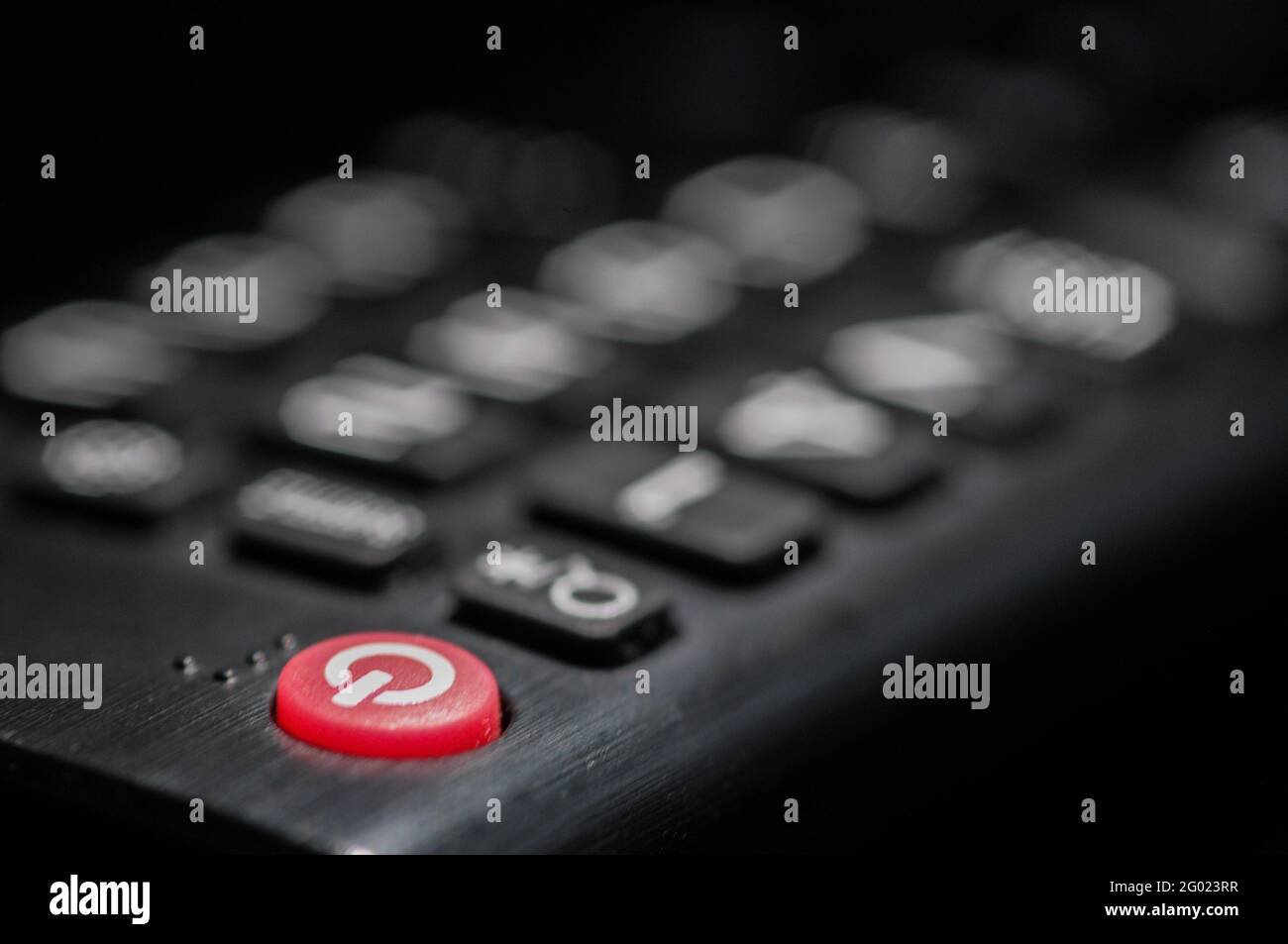 Close up red power button of TV remote control Stock Photo