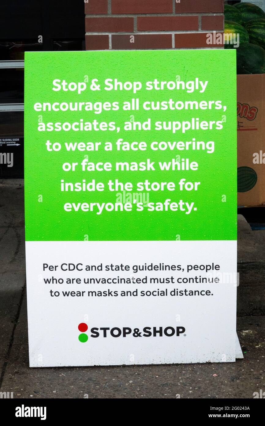 Easing of covid restrictions at a supermarket in Bayside Queens, New York where masks are suggested and not mandatory. Stock Photo