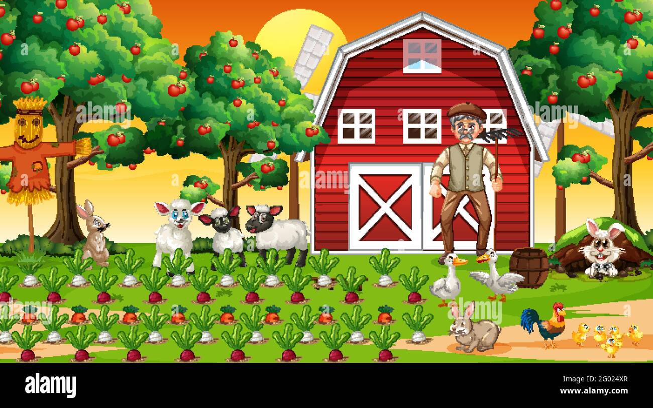Farm scene at sunset with old farmer man and cute animals illustration ...