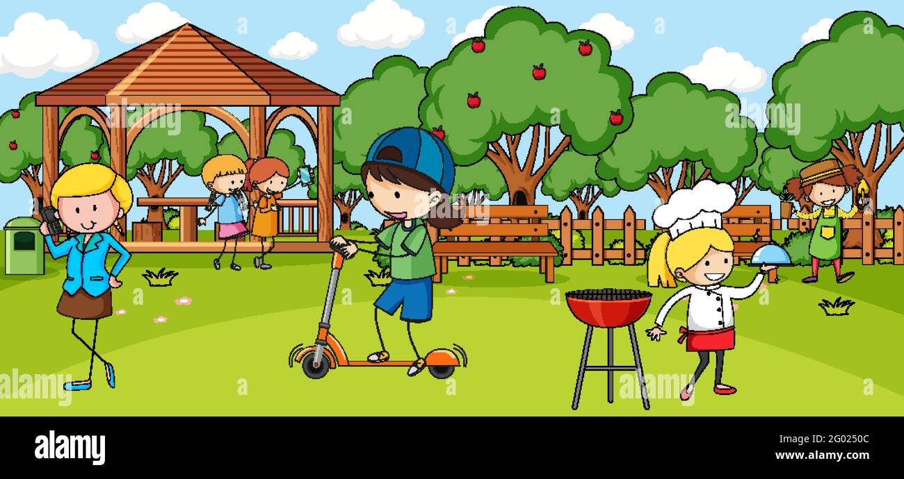 Outdoor scene with many kids playing in the park illustration Stock ...