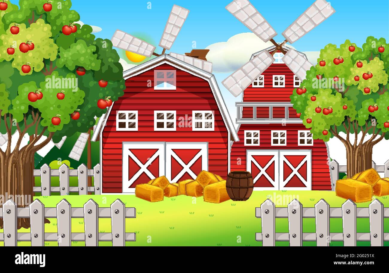 Farm scene with red barn and windmill illustration Stock Vector Image ...