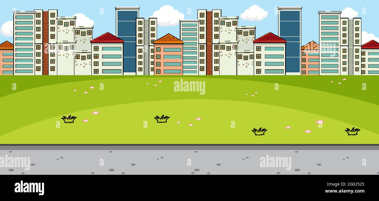 Horizontal scene with park and cityscape background illustration Stock ...