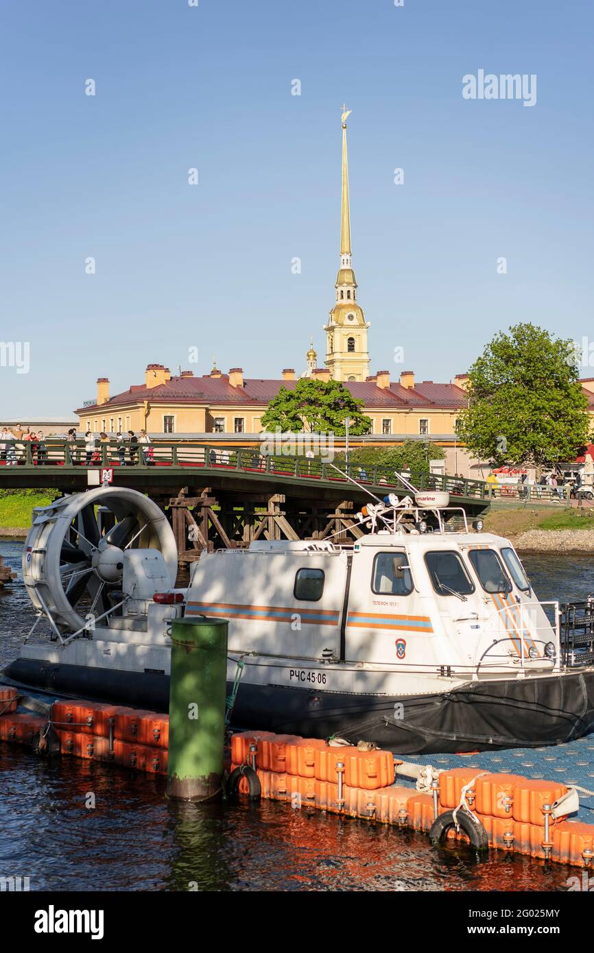 Hovercraft 'Khivus-20' for conducting rescue operations on the water. Kronverkskaya embankment. Russia Saint Petersburg 29.05.2021. pm 16.10 Stock Photo