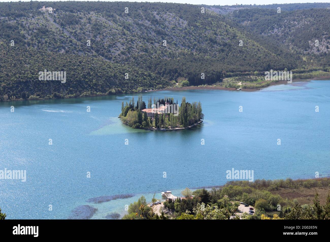 Tiny island of Visovac in the Krka river in Croatia settled by Franciscan monks Stock Photo