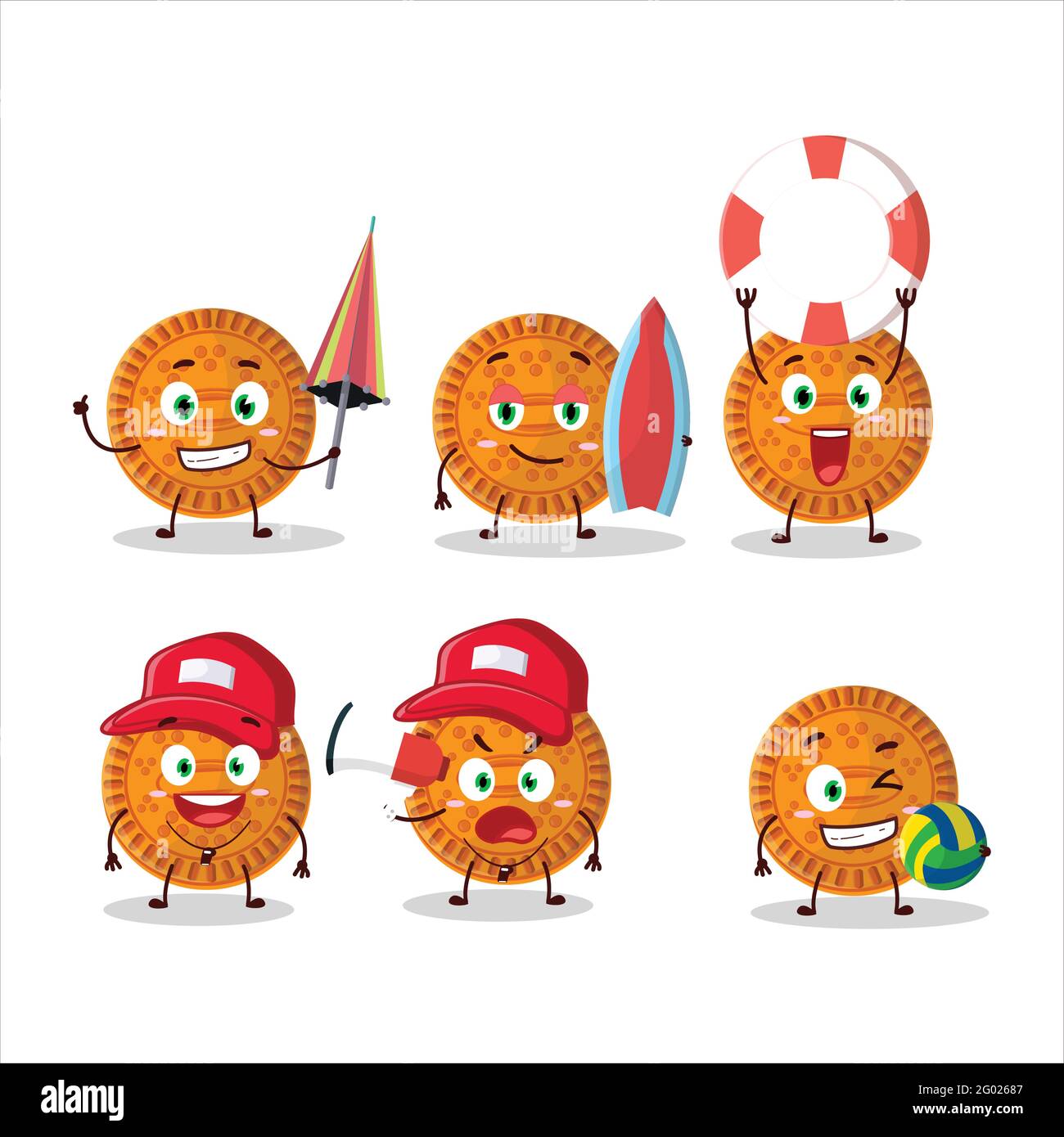 Happy Face orange biscuit cartoon character playing on a beach. Vector