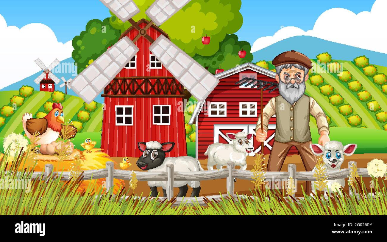 Farm at daytime scene with old farmer man and farm animals illustration ...