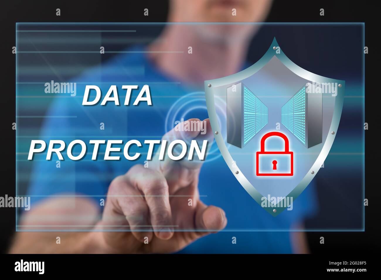 Man touching a data protection concept on a touch screen with his ...