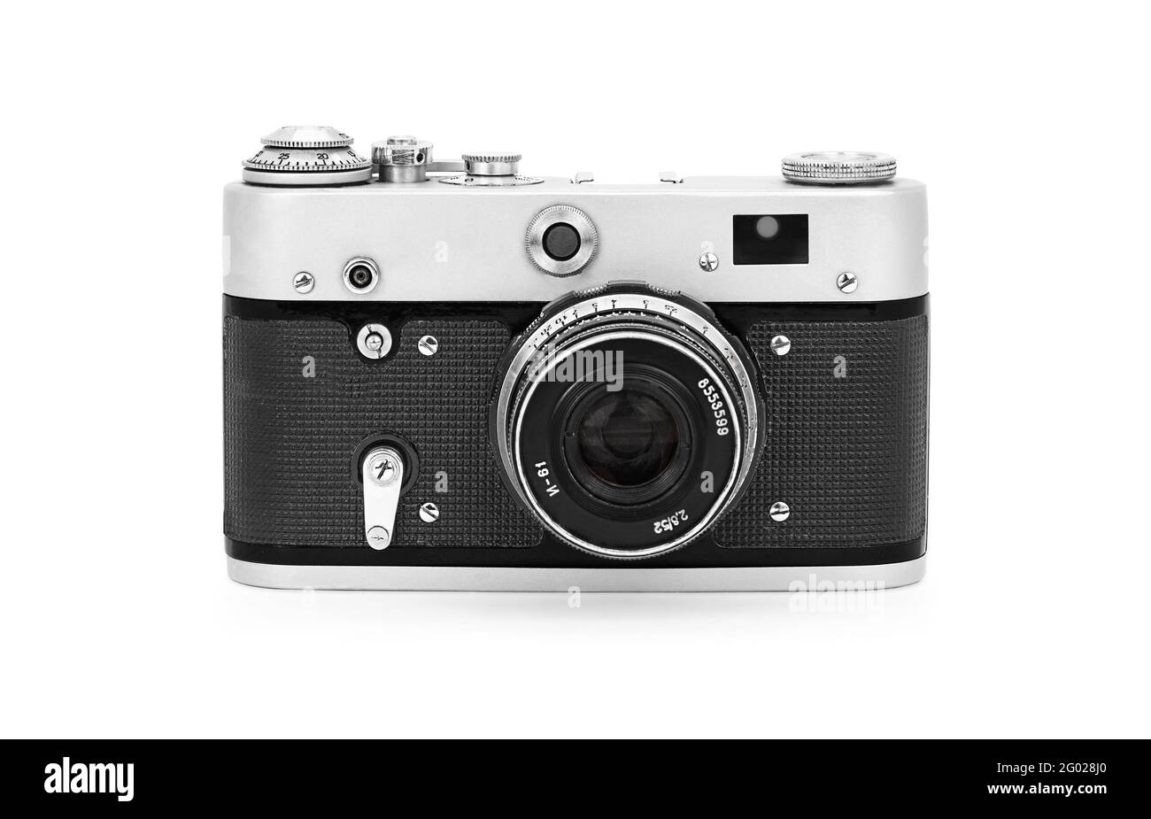Old camera on a white background, straight view. Isolated object Stock Photo