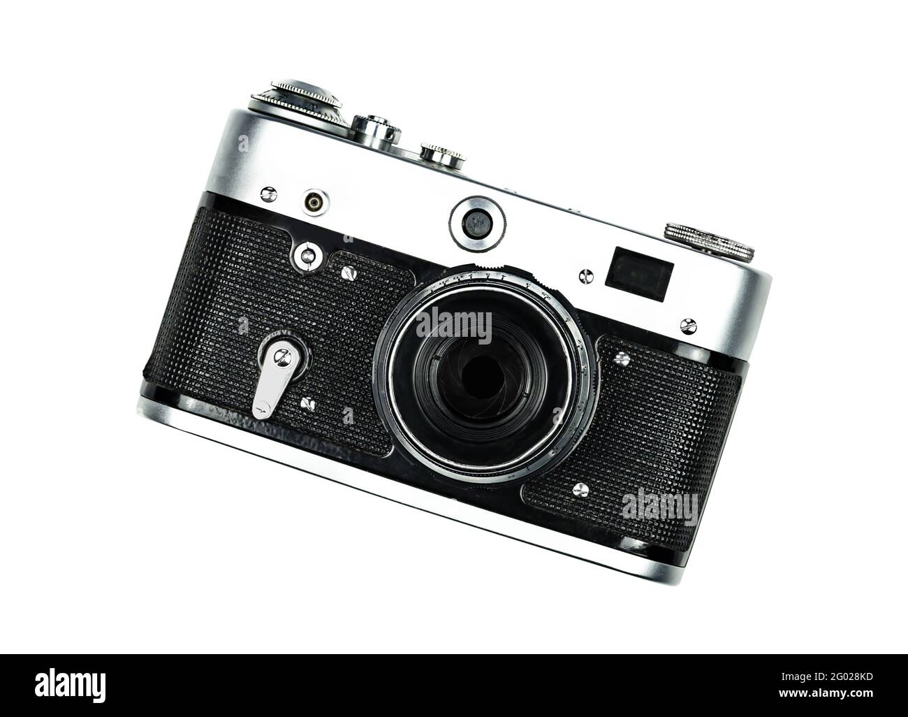 Camera isolated. one old vintage camera isolated on white background. View from above. Stock Photo