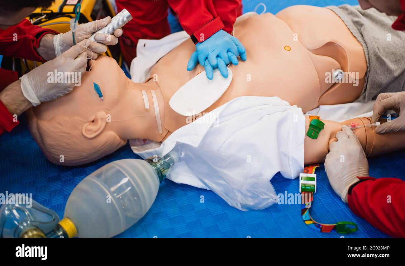 A paramedic with blue rubber gloves shows how to resuscitate a doll's heart. First aid exercise Stock Photo