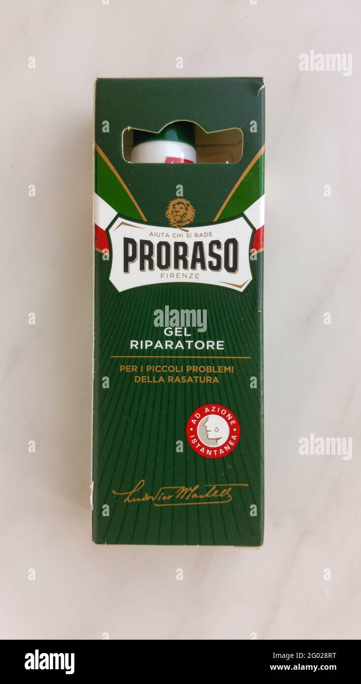 PRORASO repairing gel. Proraso is a personal care and grooming brand owned by the Italian company Ludovico Martelli srl. Stock Photo