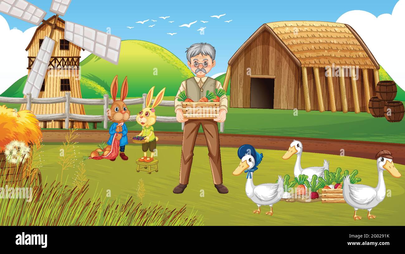 Farm scene with old farmer man and farm animals illustration Stock ...