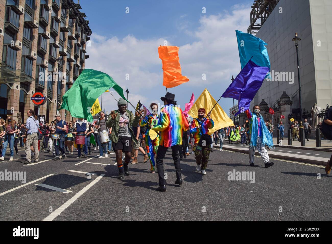London, United Kingdom. 29th May 2021. Kill The Bill protesters at Parliament Square. Crowds marched through Central London in protest of the Police, Crime, Sentencing and Courts Bill. Stock Photo