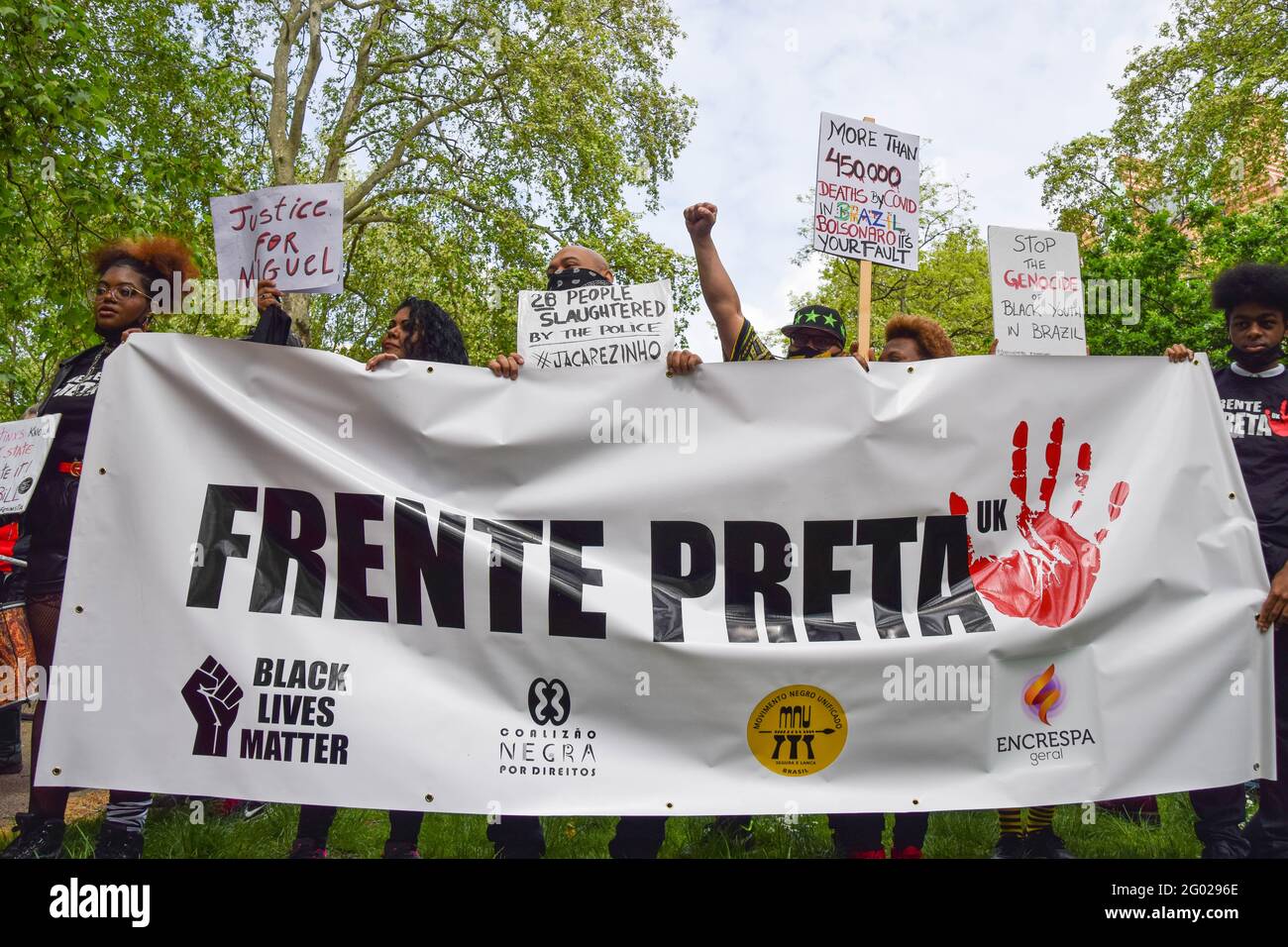 London, United Kingdom. 29th May 2021. Frente Preta UK at the Kill The Bill protest in Russell Square. Crowds marched through Central London in protest of the Police, Crime, Sentencing and Courts Bill. Stock Photo