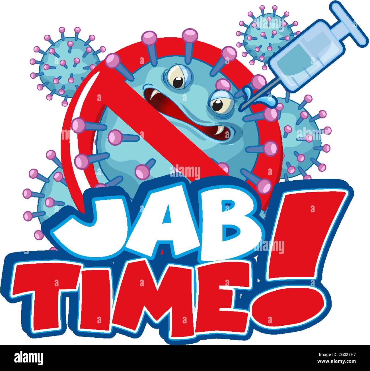 Jab time font design with coronavirus character icon on white ...