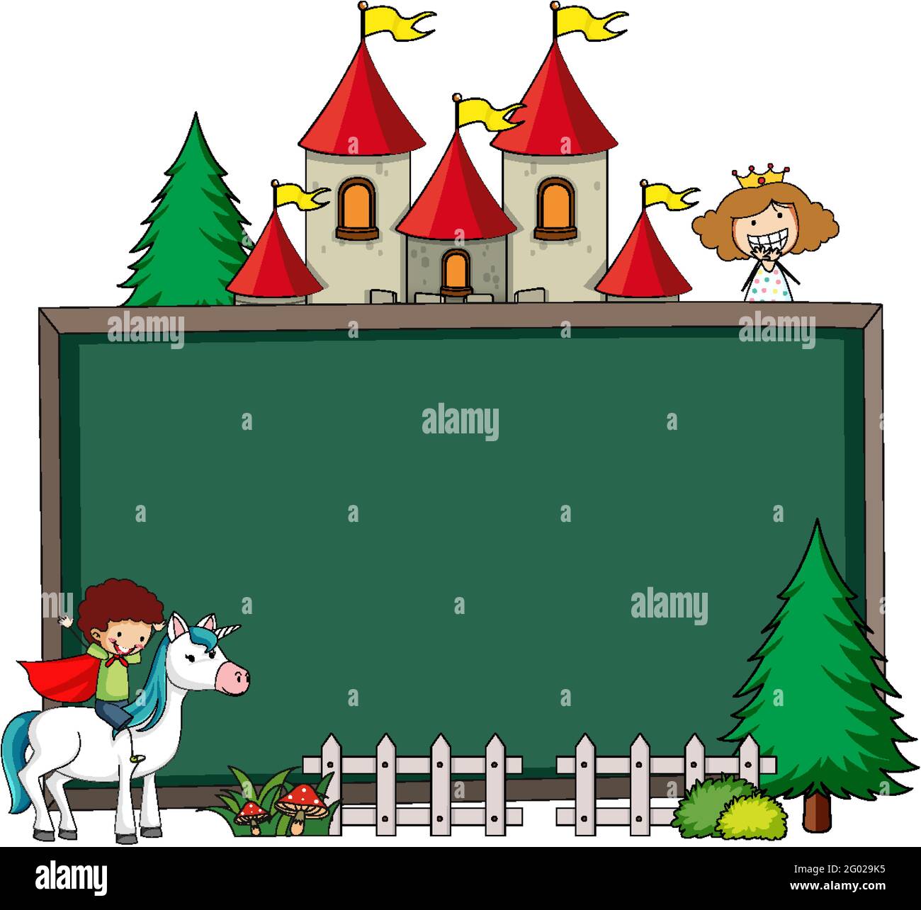 Empty chalkboard banner with fairy tale cartoon character and elements ...