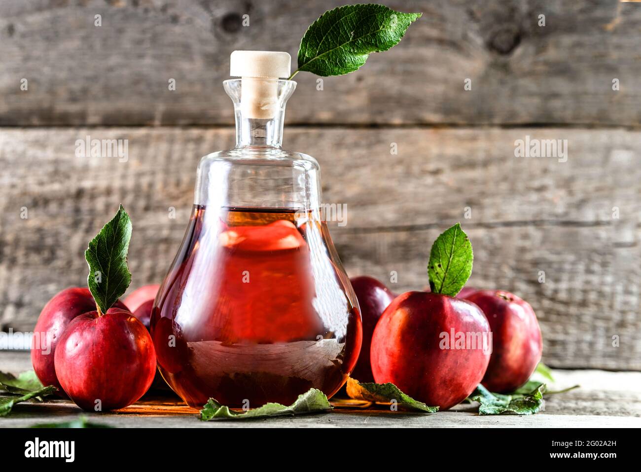 Vinegar apple cider or bottle of liqueur from apples, organic food