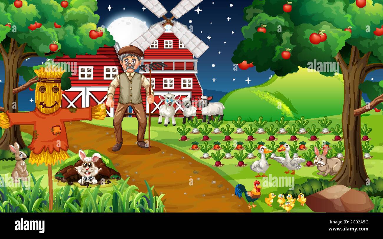 Farm scene at night with old farmer man and cute animals illustration ...