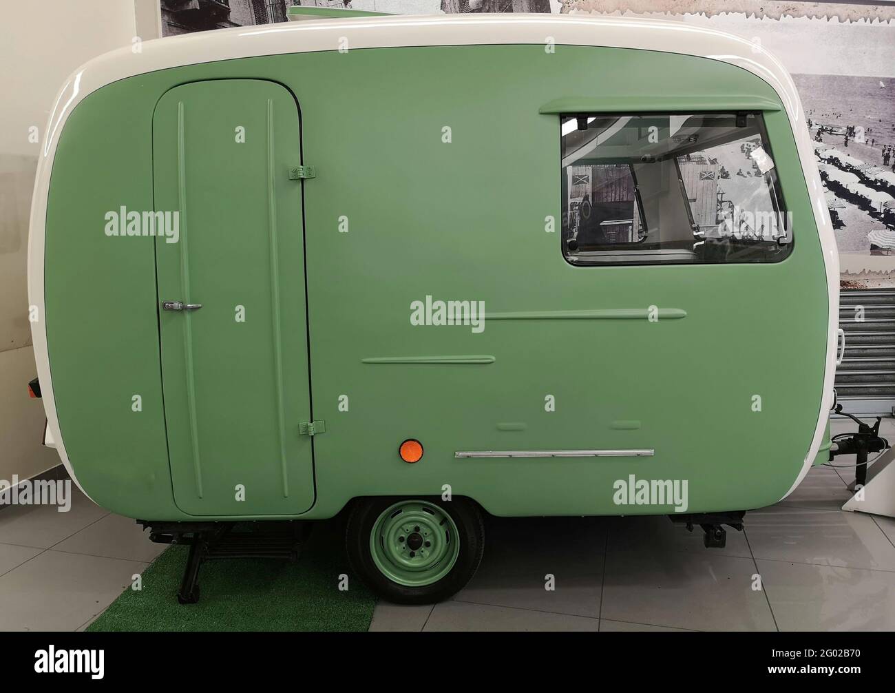 Side view of a green and white vintage caravan Stock Photo