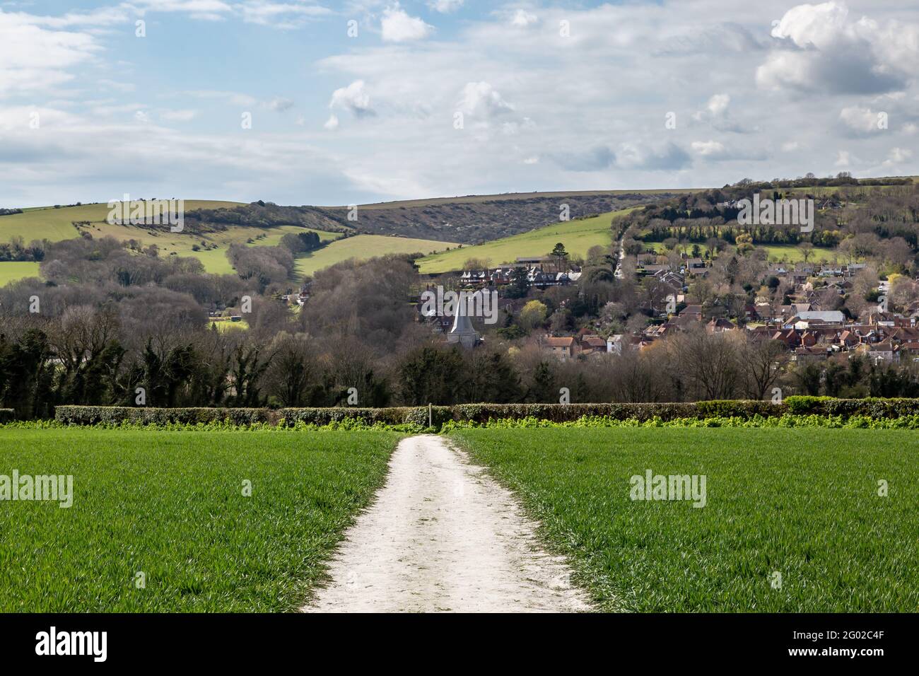 Looking towards the village of Alfriston in the South Downs Stock Photo