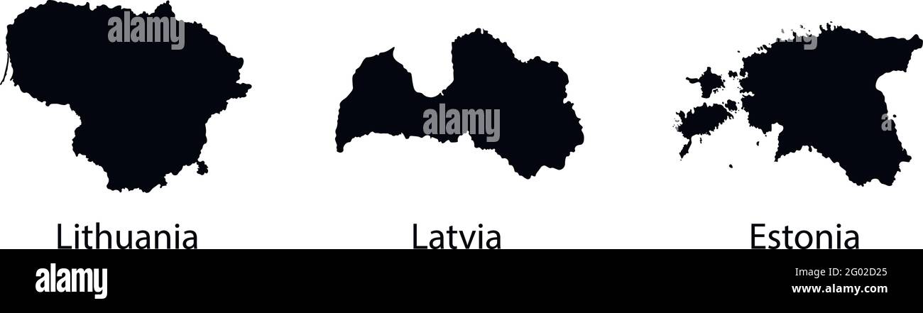 Vector illustration set with isolated black silhouettes of Baltic States maps (simplified outlines). Lithuania, Latvia, Estonia Stock Vector