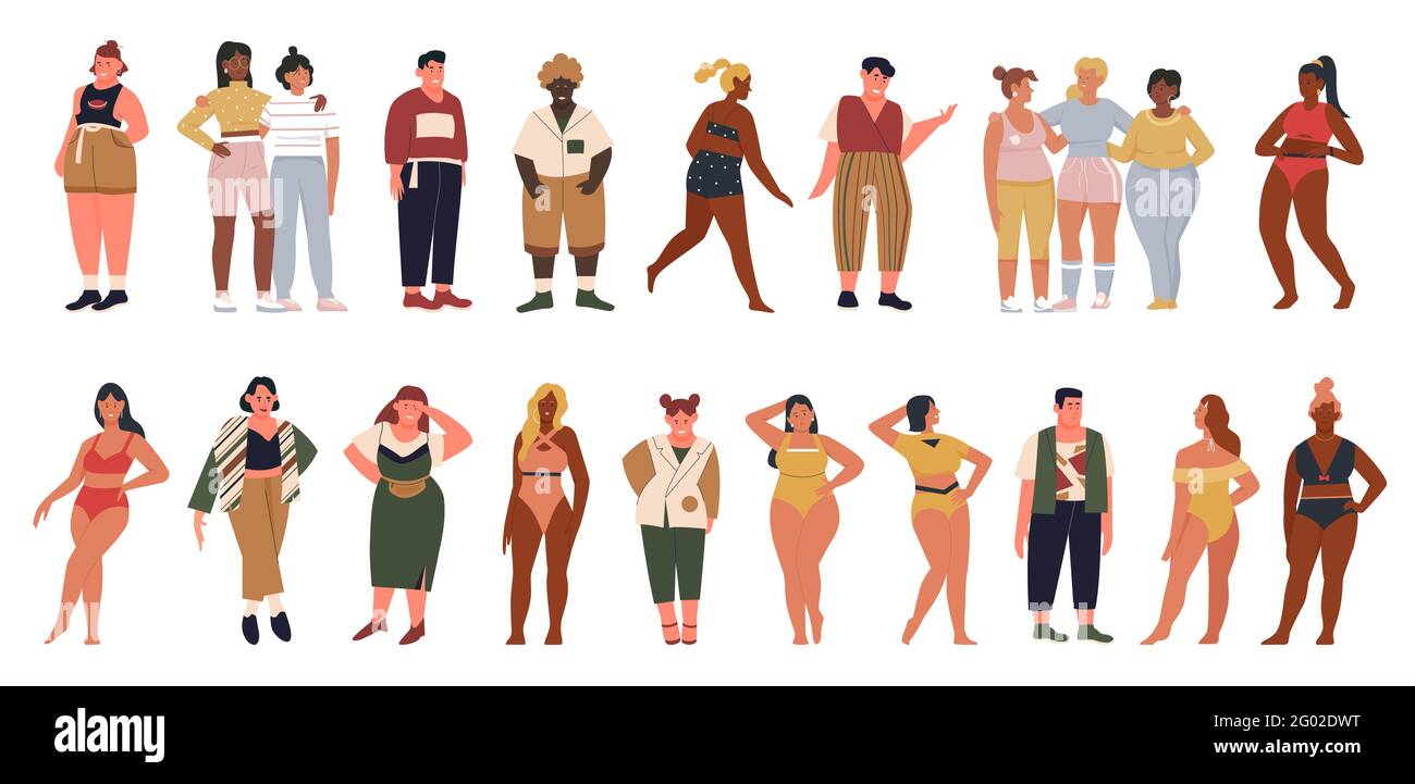 Overweight people vector illustration set. Cartoon young plus size man woman characters wearing fashion casual clothes, standing in row, fat body shape girls in bikini swimsuit isolated on white Stock Vector