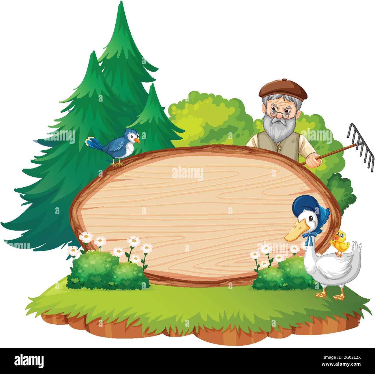 Empty banner template with old farmer man in the garden scene isolated illustration Stock Vector