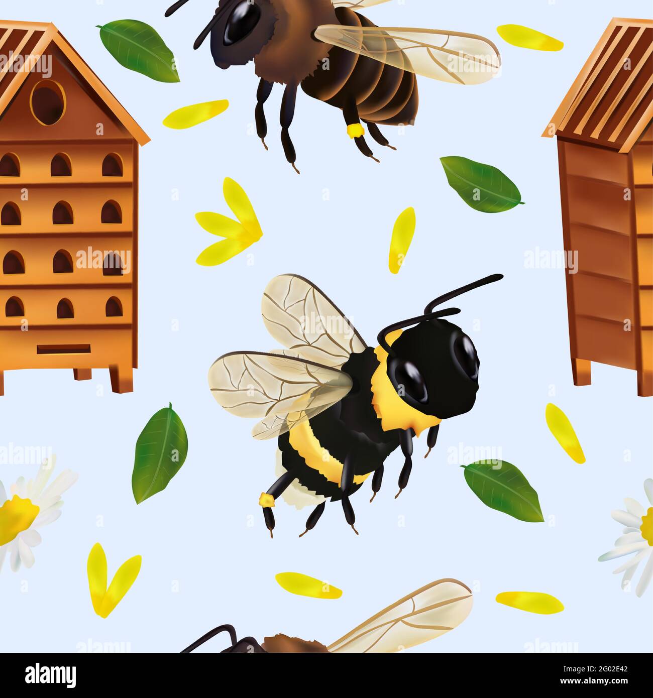 Seamless pattern with Bumble bee, beehive, honey bee, leaf, flower ...