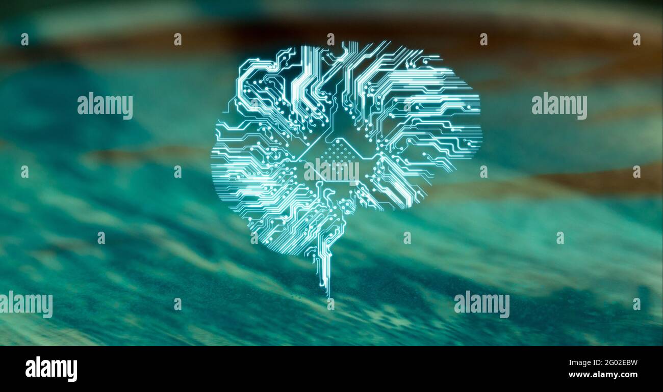Composition of glowing brain shaped computer motherboard over blurred ...