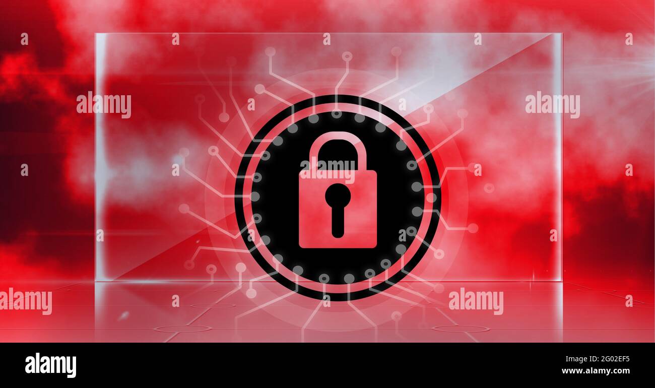Composition of black padlock icon with circuits on transparent screen against red clouds Stock Photo