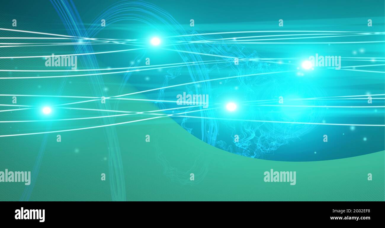 Composition of connected glowing points of blue light over green curve